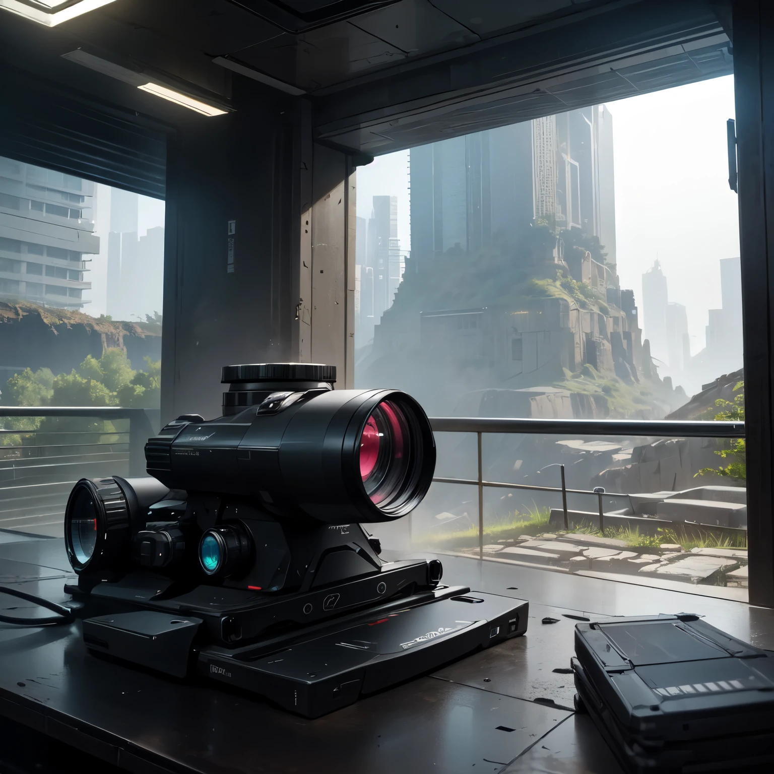 A wide view through an alien cybernetic and digital futuristic assault rifle scope positioned on a table, state-of-the-art. The surrounding environment is threatening, with damp stone walls and a silence that seems oppressive. 8K Ultra HD resolution.