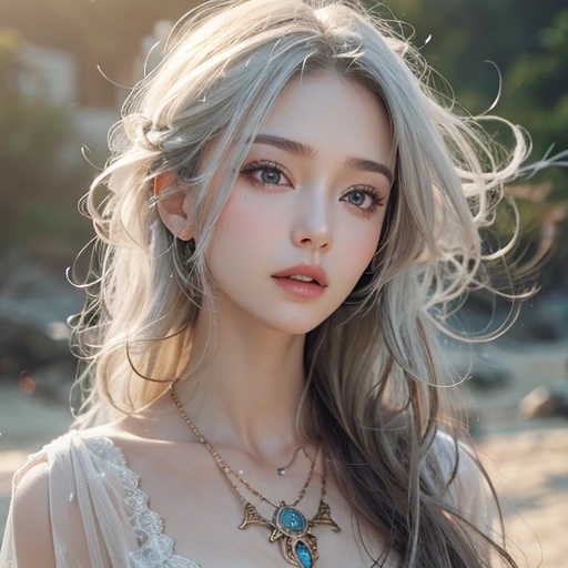 (masterpiece:1.3), (8k, Realistic, RAW Photos, Best image quality: 1.4), Fair-skinned fairy woman、Long Hair、Cleavage:2.0、Highly detailed face、Attention to detail、double eyelid、Chest to chest、Sharp focus:1.2、Beautiful woman:1.4、Silvery white hair、highest quality、masterpiece、超A high resolution、(Realistic:1.4)、Highly detailed and professionally lit smiles、Loose, Light, steampunk、Shoulders out、thin、Serious expression、Short-haired、Deadly position, one person、whole body,Walking on the beach、Gorgeous Necklace、