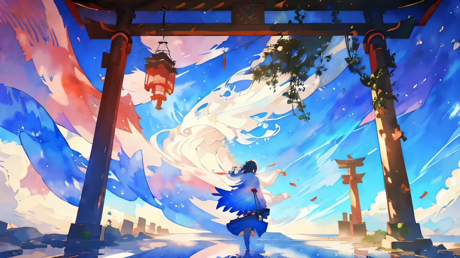 One shrine maiden girl、(watercolor style, Spectral Art) + majestoso rio com Overlooking para o panorama + Fantasy Bag (Overlooking) + (Flowing + Subtle reflection) + (mix + sneeze) + (Clear light and shadow + Dynamic Swing)