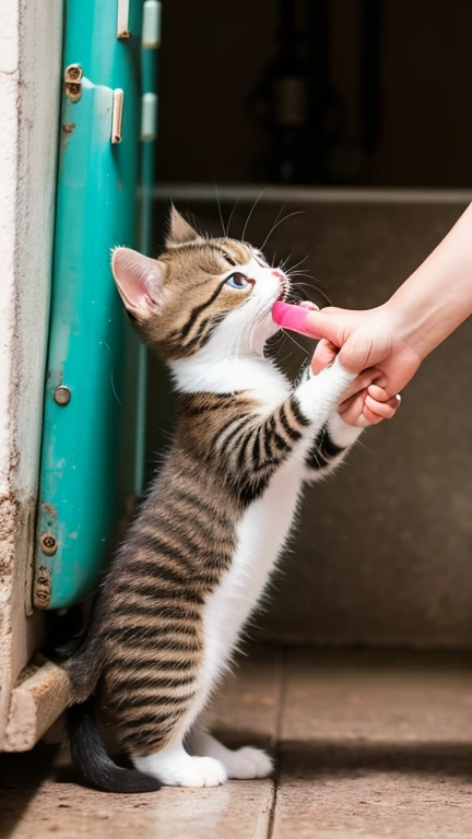 A very pretty cute kitten stands up and puts both hands up and grabs the water tank, puts its mouth to the tank and opens its mouth to drink water,Side view,indoor,