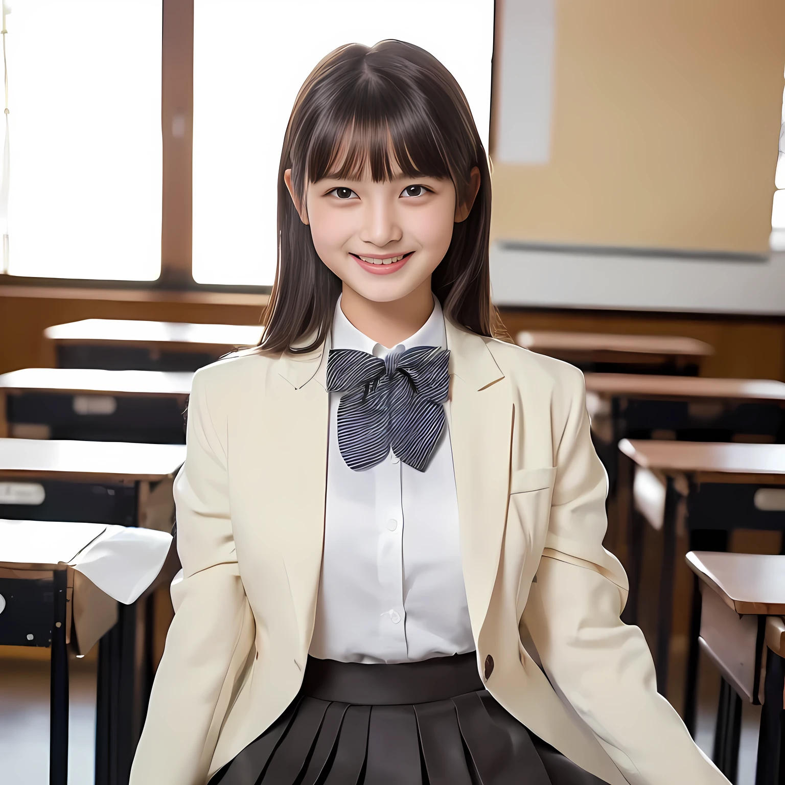 (highest quality, masterpiece:1.2), highest quality, Realistic, photograph, High resolution, 1080p, 8K, Physical Rendering, ((Height: 155cm)), ((((((A 14 year old beautiful Japanese fashion model is looking directly at the viewer)))))), (((big very detailed Japanese beautiful dark brown eyes))), ((((loving and laughing at me!)))), detailed fingers, (((curled blunt bangs))), ((((Very noble and cute eyes, carefully drawn with great attention to detail)))), ((double eyelids)), (((long eyelashes))), ((cute lovely lovely laughing laughing cheeks)), ((The pure white light hits my nose and cheeks. Her eyes and white facial skin shine beautifully white.)), (((Her facial features are very expressive noble smile, very sweet, very intelligent))), ((((ivory super-large long ribbon bow tie in plain)))), ((((black very beautiful and very long bobbed hair)))), ((((ivory formal long pleated skirt is very beautiful)))), ((((A ivory blazer)))), ((light white Japanese girl's classroom)), ((complexion lightening))