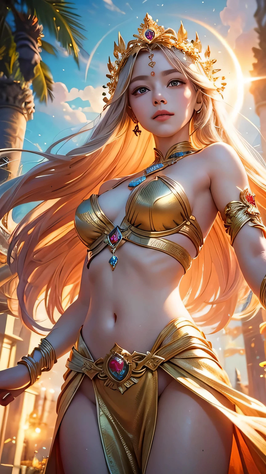 "Maiden of the Sun": Within a sacred sanctuary bathed in sunlight, depict the figure of a sun goddess, facing forward and emanating divine radiance, with golden hair, as she gazes towards us. Zoom in to focus on her face, with light orbs gleaming in her hands, representing the life-giving power of the sun. The background should be predominantly pink, evoking a sense of divine splendor. The setting is in heaven, enveloped in soft, bright light, where one can find tranquility and peace of mind, free from any trace of anxiety. Additionally, the light emanating from her hands should take the form of radiant hearts, resting gently on the palm of her hands.