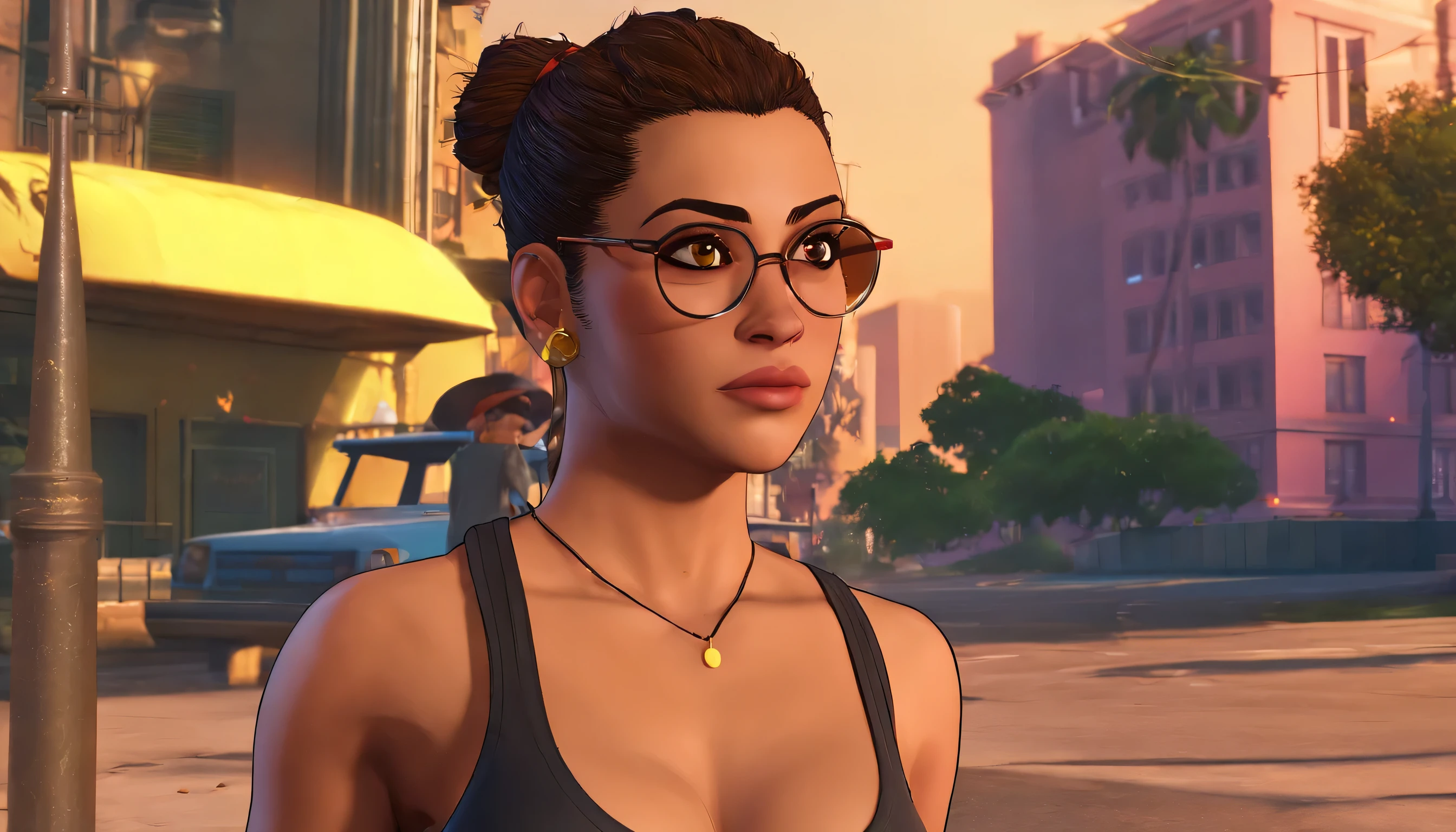 best quality, masterpiece, cinematic lighting, intricate, cinematic detailed realistic backgrounds, detailed faces, full body, big breasts, realistic, Catalina, 1girl latina jogging, city view, night, black tank top, looking at viewer, model pose, yellow ring eyes, street lamp, lamp post, yoga pants, two-tone hair, Single Hair Bun, glasses.