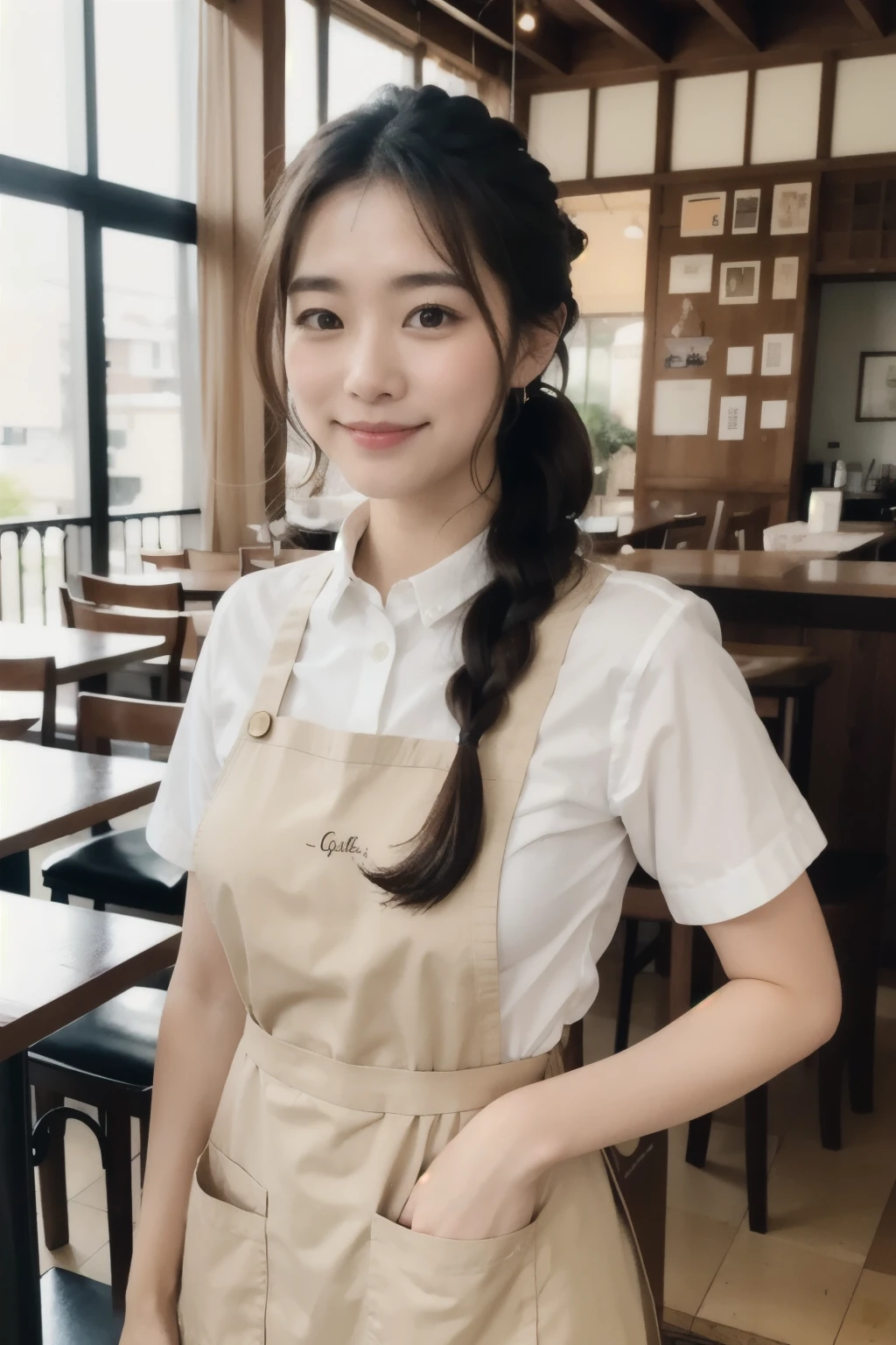 View Viewer,Cinematic Light, Ultra-high resolution, 8K Ultra HD, Film Grain, 28 year old cute and beautiful waitress,Japanese, At the cafe,White apron,Brown shirt,Sunburn,1Book braid, Black Hair,Are standing,Very fine eye, ,smile,Open your mouth,Sparkling brown eyes, Watercolor background, {{{Waitress Suit}}},Cafe table, guest,food,cake,coffee,coffee cups,SFW:1.8,