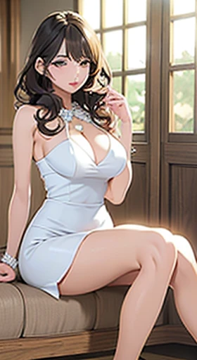 8K, masterpiece, Beautifully 、Very detailed 、Ultra-high resolution 、Ultra-high quality 、1 girl, Pretty Face,最高品質のone example、one example、anime woman、no exposure、(Non-sexual clothing:2.0)、Delicate face、Bad Woman、beautiful and charming eyes、Long eyelashes、thick lips、Japanese female breasts、Breast sagging、Low-cut,Cleavage ,Wide hips,)))((Long legs)),Hourglass figure))、No bangs、forehead、(Halter:2.0)、 White skin, Very long hair, Light makeup, delicate eyes,sorry, Detailed lips, Small breasts tight, Very detailed dress, Princess dress, (Wear jewelry:1.5), Long curly hair、Bad Girl、dark、moist lips、Cabaret Girl、Sitting on the sofa、Gorgeous、Confident expression