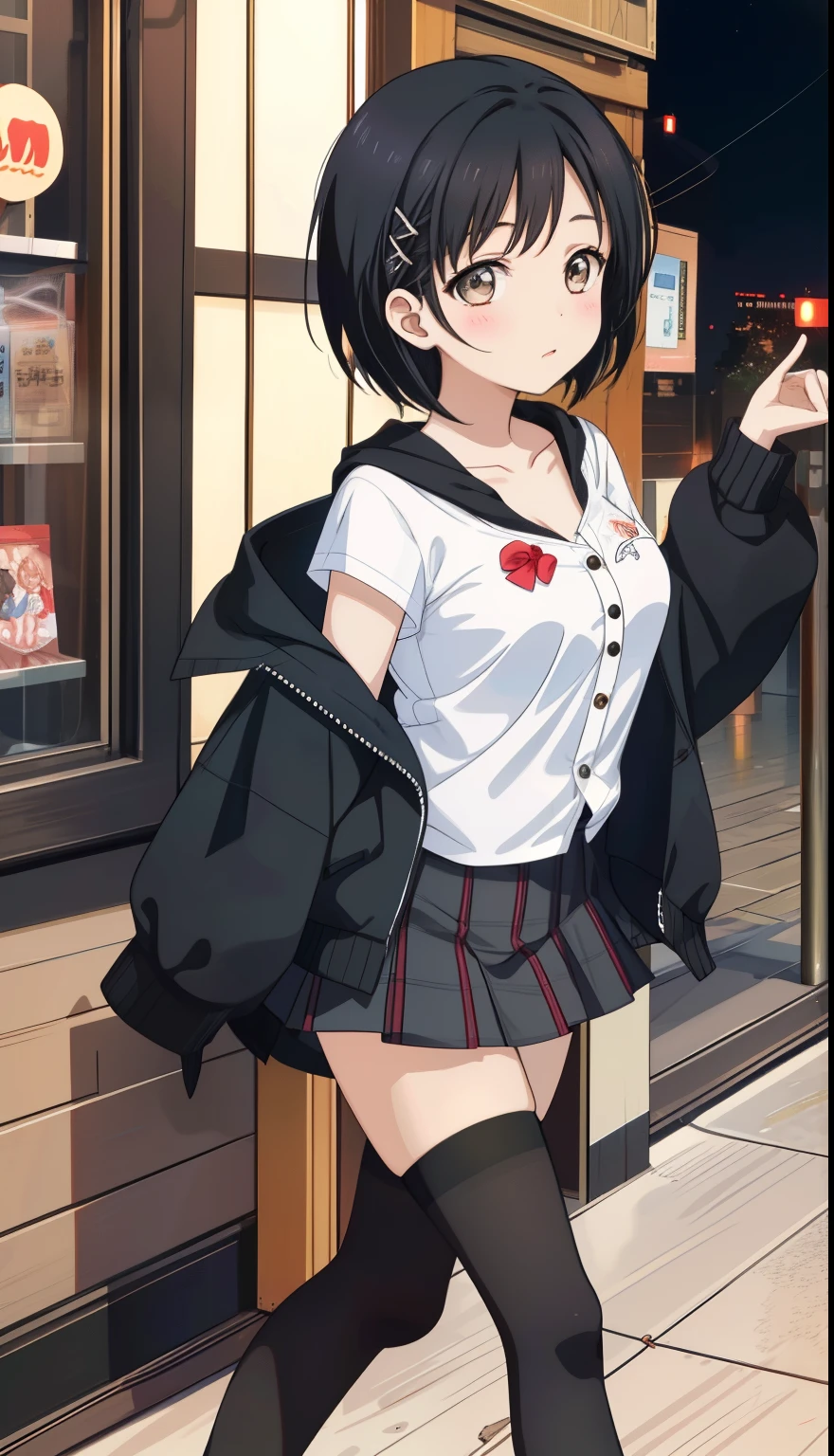 One Girl、positive、Standing posture、Full body portrait、Black Hair、Medium Haircut、blush、Absolute area、Black knee-high socks、Knee-length、stockings、Black Pantyhose、White underwear、shirt、White hoodie、Brown checked mini skirt、Japanese high school students、Summer clothes、Night entertainment district、night、(Very large breasts)、Cleavage、((Lesbians around the world))、masterpiece、(highest quality)、
Panties around the ankles、Black Loafers、Shirt buttons fly off、Unbutton your shirt、Exposing the breasts、Bare your breasts