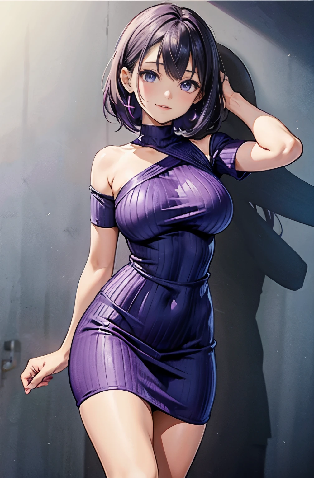 anime、Purple tight knit dress、Short sleeves、Shoulder straps、dress、No sleeve、Rib knit、Knee-length、Hip Wrap 、sexy、フェminiン、mini、Big Breasts、Very delicate、8k