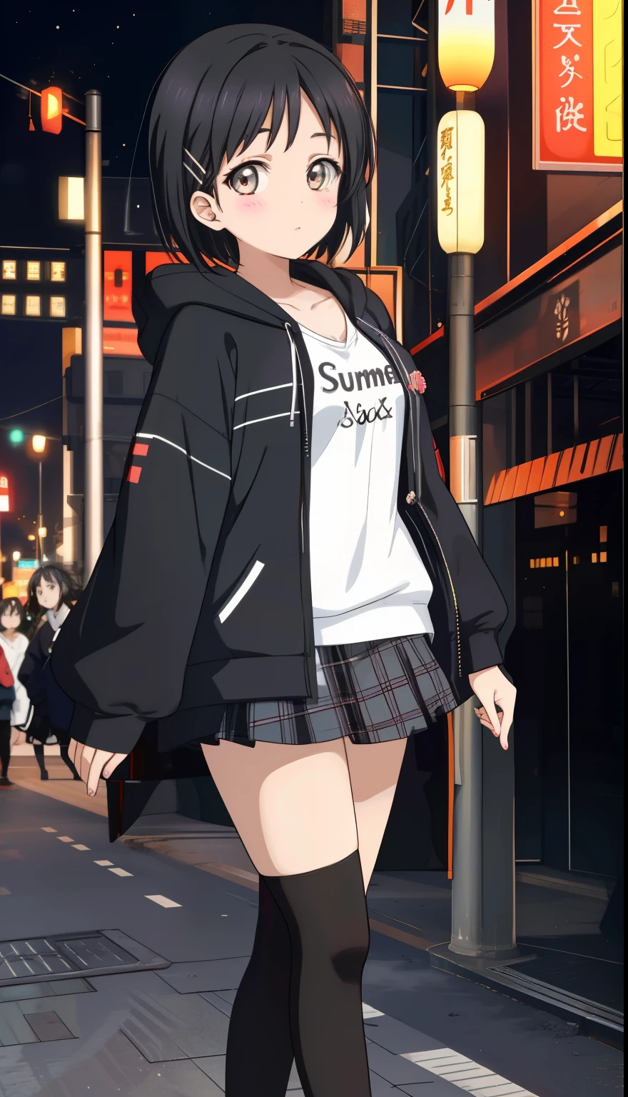 One Girl、positive、Standing posture、Full body portrait、Black Hair、Medium Haircut、blush、Absolute area、Black knee-high socks、Knee-length、stockings、Black Pantyhose、White underwear、shirt、White hoodie、Brown checked mini skirt、Japanese high school students、Summer clothes、Night entertainment district、night、（Very large breasts）、Cleavage、((Lesbians around the world))、masterpiece、（highest quality）、
Panties around the ankles、Black Loafers、Shirt buttons fly off、Unbutton your shirt、Exposing the breasts、Bare your breasts