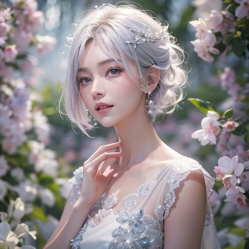 (masterpiece:1.3), (8k, Realistic, RAW Photos, Best image quality: 1.4), Fair-skinned fairy woman、short hair、Cleavage:2.0、Highly detailed face、Attention to detail、double eyelid、Sharp focus:1.2、Beautiful woman:1.4、Silvery white hair、highest quality、masterpiece、Ultra-high resolution、(Realistic:1.4)、Highly detailed and professionally lit smiles、Loose, Light,Japanese high 、 one person、whole body, I eat breakfast