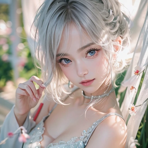 (masterpiece:1.3), (8k, Realistic, RAW Photos, Best image quality: 1.4), Fair-skinned fairy woman、short hair、Cleavage:2.0、Highly detailed face、Attention to detail、double eyelid、Sharp focus:1.2、Beautiful woman:1.4、Silvery white hair、highest quality、masterpiece、Ultra-high resolution、(Realistic:1.4)、Highly detailed and professionally lit smiles、Loose, Light,Japanese high 、 one person、whole body, I eat breakfast