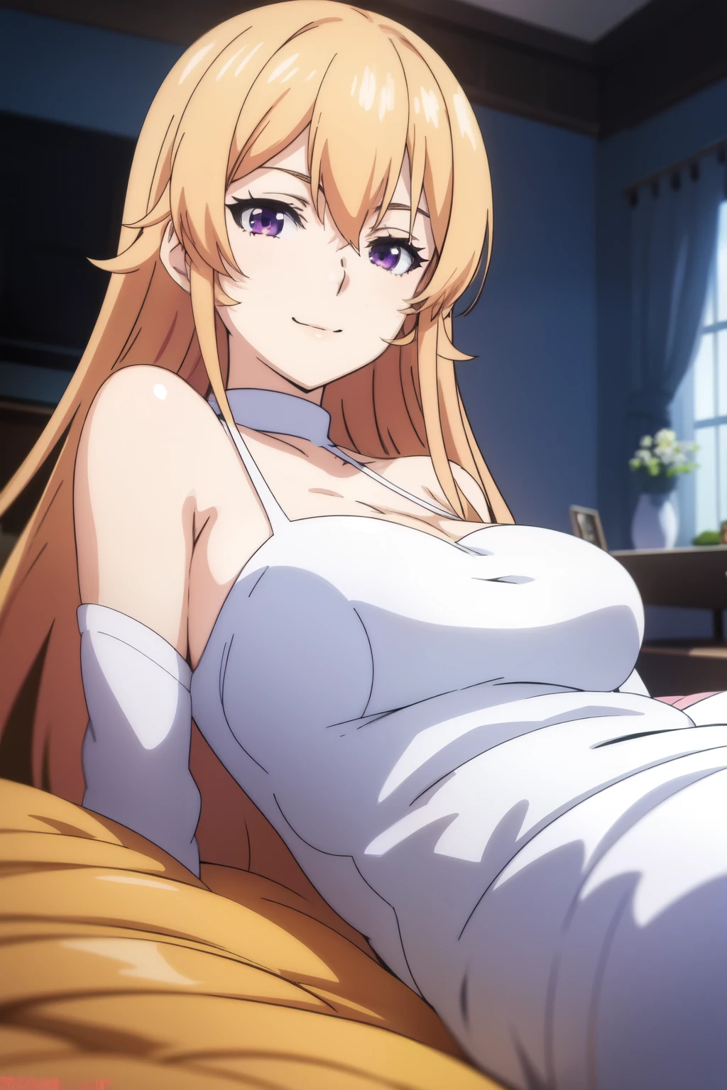 anime background art, room background, one bed, lying on a bed, beautiful anime scenes, 4K anime art wallpaper, 4k anime art wallpaper, Rosla global illumination, anime girl, 1 girl, similar LORA, best quality, detailed, alone, closed mouth, smile, dark honey blonde hair, long hair, perfect face, purple eyes, defined eyes, well defined eyes, perfect eyes, perfect face, lora costume, very big tits.