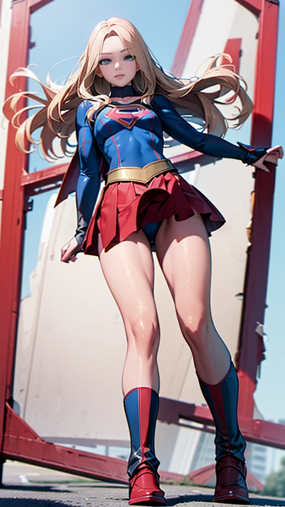 (full body), (masterpiece:1.2), (Highest_quality:1.2), (Ultra_detailed:1.3), 8k,Low - Angle，From below，Big Butt Girl, Medium chest, Pose in front,upright，Bare legs，3D Rendering,( Supergirl)，Blonde，Long Hair，Blue eyes，Red Skirt，the skirt is short,，A blue leotard is visible under the skirt.，The skirt is blown up by the wind，Red Cape，Simple Background，White Background，