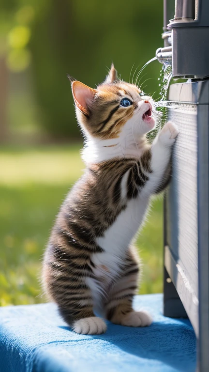 (8k, RAW photo, best quality, masterpiece:1.2), High detail RAW color photo, professional photograph, (realistic, photo realistic:1.37), ((best quality)),A very little pretty cute kitten stands up and puts both hands up and grabs the water tank, puts its mouth to the tank and opens its mouth to drink water,Side view,indoor,