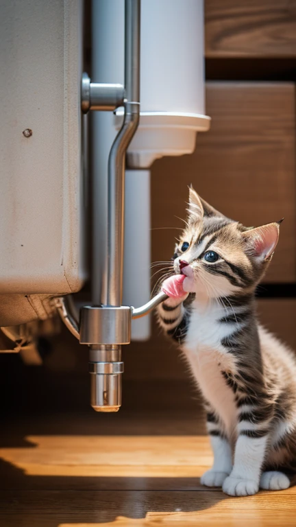 (8k, RAW photo, best quality, masterpiece:1.2), High detail RAW color photo, professional photograph, (realistic, photo realistic:1.37), ((best quality)),A very little pretty cute kitten stands up and puts both hands up and grabs the water tank, puts its mouth to the tank and opens its mouth to drink water,Side view,indoor,