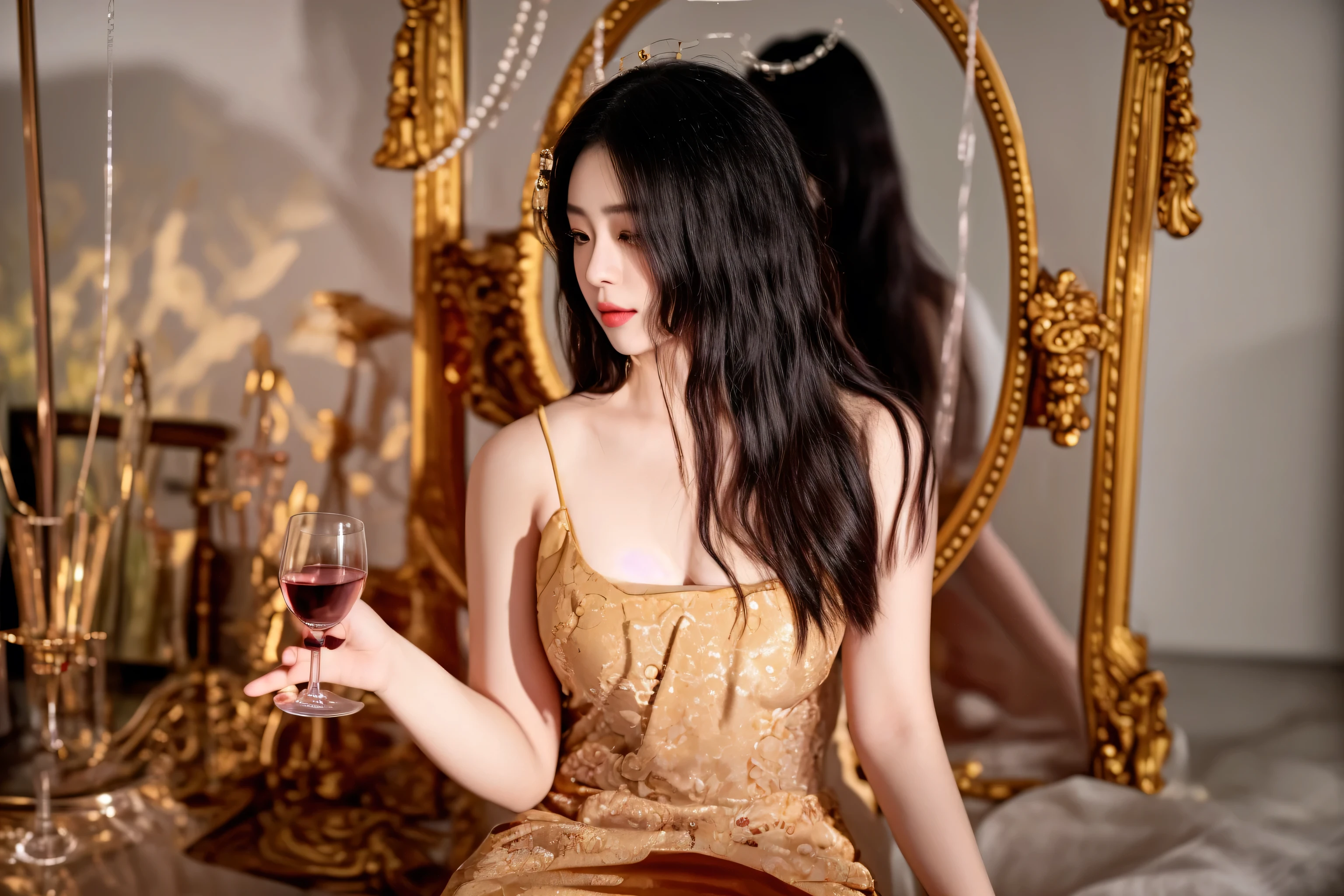 there is a woman sitting in front of a mirror holding a glass of wine, sha xi, chinese empress, chinese woman, gorgeous woman, beautiful oriental woman, 4 k glamour photography, sitting in a gilded throne, gorgeous lady, an asian woman, chinese girl, by Julia Pishtar, she holds a glass of wine, shiny gold