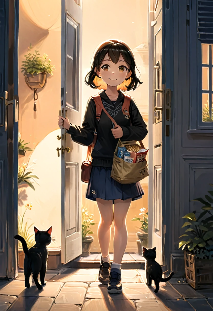 As the sun sets, the girl carries her backpack and carries the newly bought cat food in her hand. A little cat happily welcomes her back at her doorstep. The moment the door opens, warm lights and the scent of home come rushing towards us. This is the most ordinary and happiest moment, (masterpiece, best quality, Professional, perfect composition, very aesthetic, absurdres, ultra-detailed, intricate details:1.3)