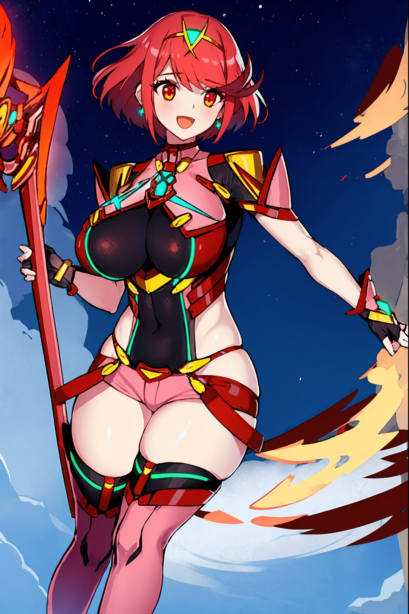 pyra \(xenoblade\), _1girl, , armor, bangs, black gloves, breasts, red eyes, closed mouth, earrings, eyelashes, fingerless gloves, floating hair, framed breasts, gem, gloves, hair ornament, headpiece, jewelry, big_breasts, leaning back, leotard, neon trim, official art, pose, red hair, red shorts, saitou masatsugu, short hair, short shorts, short sleeves, shorts, sidelocks, skin tight, solo, standing, swept bangs, thighhighs, tiara, night_prairie_background, turtleneck, underbust, vambraces, xenoblade chronicles \(series\), (xenoblade chronicles 2), apart_legs, fire_effect,dynamic_pose,fighting,light_smile, (plump:1.1), big_ass,huge_sword, hold_large_sword_hilt, solo, covered_nipples, covered_pussy,open_mouth,back_view, fists,