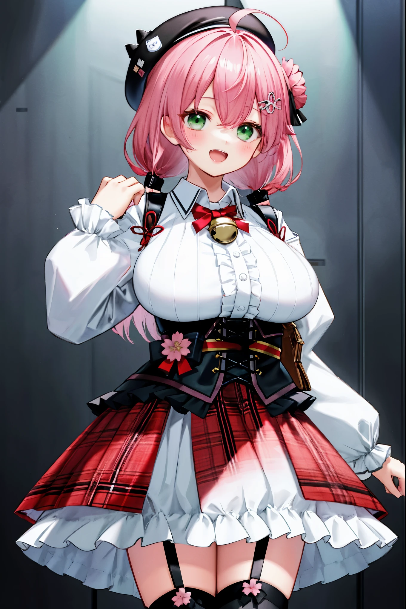 masutepiece, Best_Quality, hight_resolution, miko2,Ponytail, 1girl, Ahoge, black headwear, Hair Ornament, White shirt, black thighhighs, Pink hair, Red_skirt, very_short_skirt, plaid skirts, garter_strap, Collared shirt, hair clips, frilld, Bangs, hair between eye, frills skirt, beret, Pleated skirt, Hair Flower, Neck bell, , puffy long sleeves, Black bow, Underbust, Cowboy Shot,Smile, (gigantic_breasts:1.3),covered_nipples, covered_pussy,green_eyes, happy, childlike_posing,spread_legs,(big_smile:1.2),plump,open_mouth,shout,half_eyes,