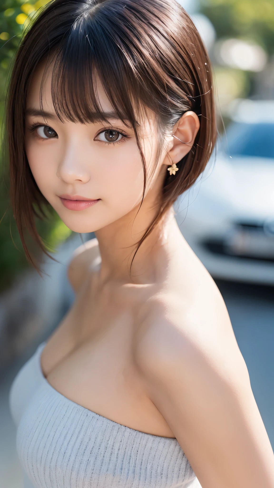 Close-up of a woman taking a photo、The most beautiful Japanese models、(8-year-old female model:1.5)、(10th Generation、young、young Girl、Round face:1.25)、Droopy eyes、double eyelid、bangs、Black Hair、short hair、Straight hair、No makeup、(Knitted Products、Tube top: 1.2)、(Super cute idol face:1.4)、(Slim Beauty、length, Thin neck、Small shoulders、Thin arms、Thin belly)、(belly button、おbelly button)、Waistline、sexy、Beautiful breasts、Shining Breasts、Cleavage、Laughter、Upper Body、Upper Bodyフォーカス、Face Focus、Looking into the camera、hot gaze、(RAW Photos、highest quality、masterpiece、Super quality、Ultra-high resolution、8k、Genuine)、