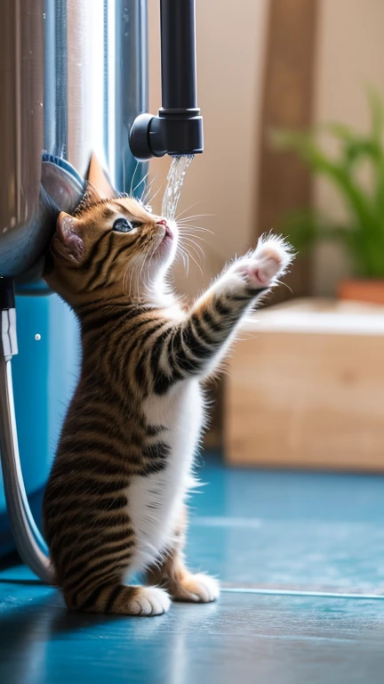 (8k, RAW photo, best quality, masterpiece:1.2), High detail RAW color photo, professional photograph, (realistic, photo realistic:1.37), ((best quality)),A very little pretty cute kitten stands up and puts both hands up and grabs the water tank, puts its mouth to the tank and opens its mouth to drink water,Side view,indoor,