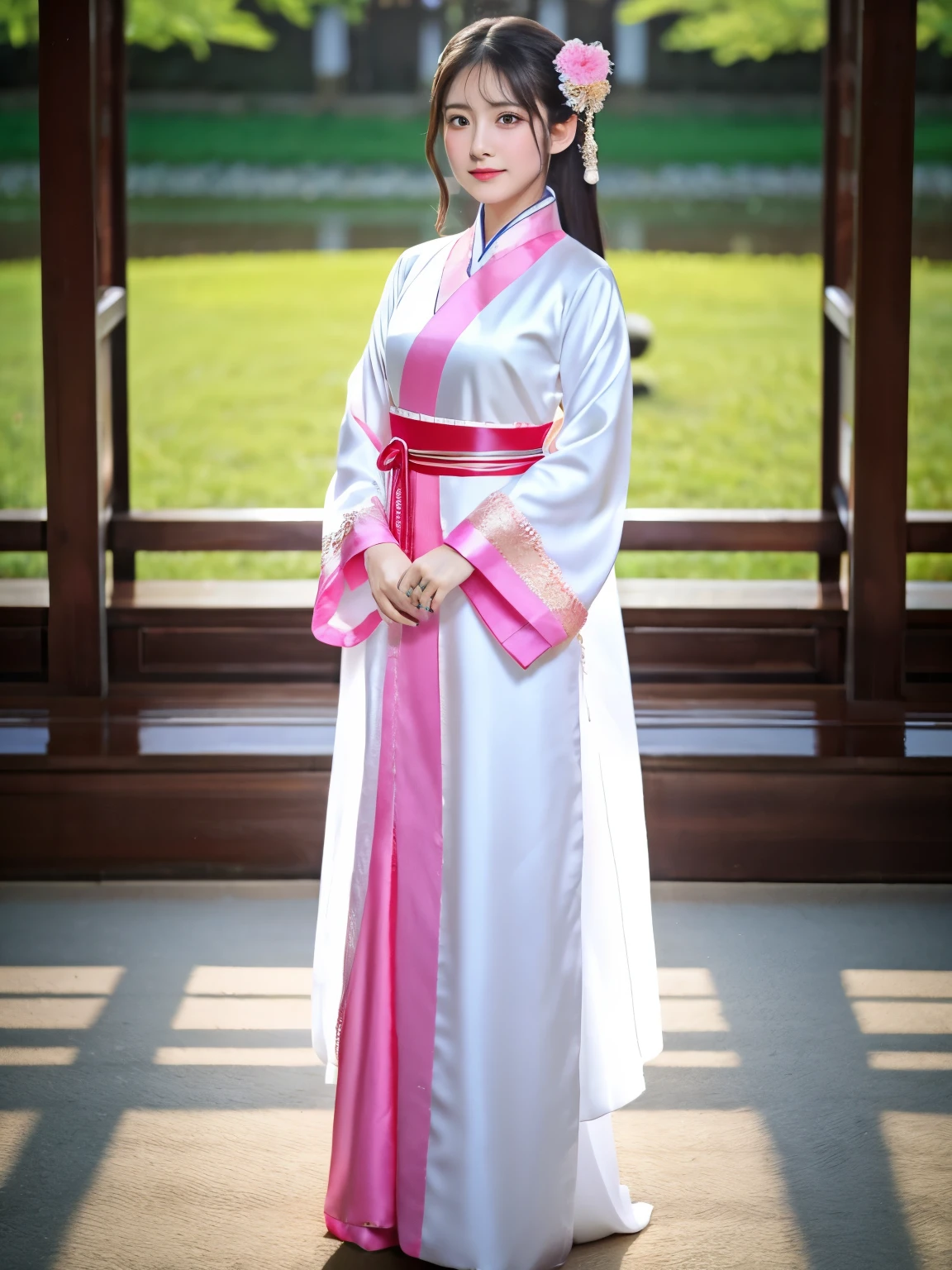 arafed asian woman in a pink dress and a white shawl, with acient chinese clothes, palace ， a girl in hanfu, white hanfu, wearing ancient chinese clothes, full body xianxia, heise-lian yan fang, traditional chinese clothing, chinese girl, xintong chen, yun ling, chinese costume, xianxia, pale and coloured kimono