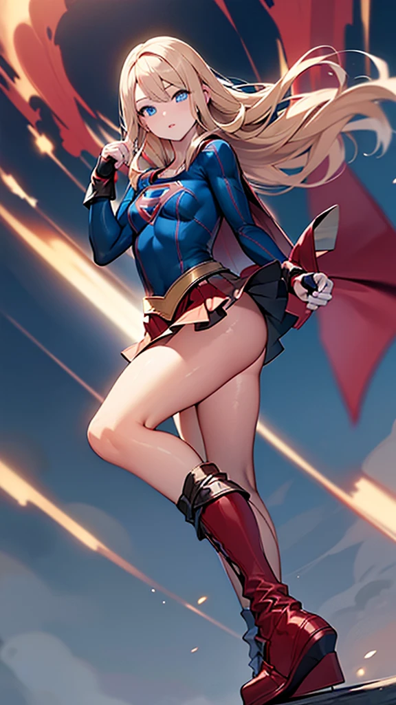 (full body), (masterpiece:1.2), (Highest_quality:1.2), (Ultra_detailed:1.3), 8k,Low - Angle,From below,Big Butt Girl, Medium chest, Pose in front,upright,Bare legs,Red Boots,3D Rendering,( Supergirl),Blonde,Long Hair,Blue eyes,Red Skirt,the skirt is short,,A blue leotard is visible under the skirt.,The skirt is blown up by the wind,Red Cape,Simple Background,White Background,