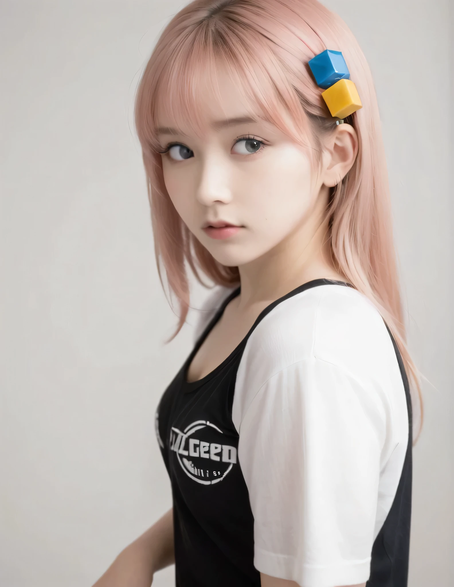 monochrome cube hair ornament, a young girl with pink hair and blue eyes, playing a Gibson Les Paul electric guitar with passion. The style is simple, focusing on the upper body of the girl in profile, against a white background. She is clad in a black t-shirt with short sleeves, her bangs falling on her forehead, and a cube hair ornament adorning her long hair pinned up on one side. She is holding the plectrum, strumming the strings, and sweat is dripping from her forehead, indicating the intensity of her performance,  