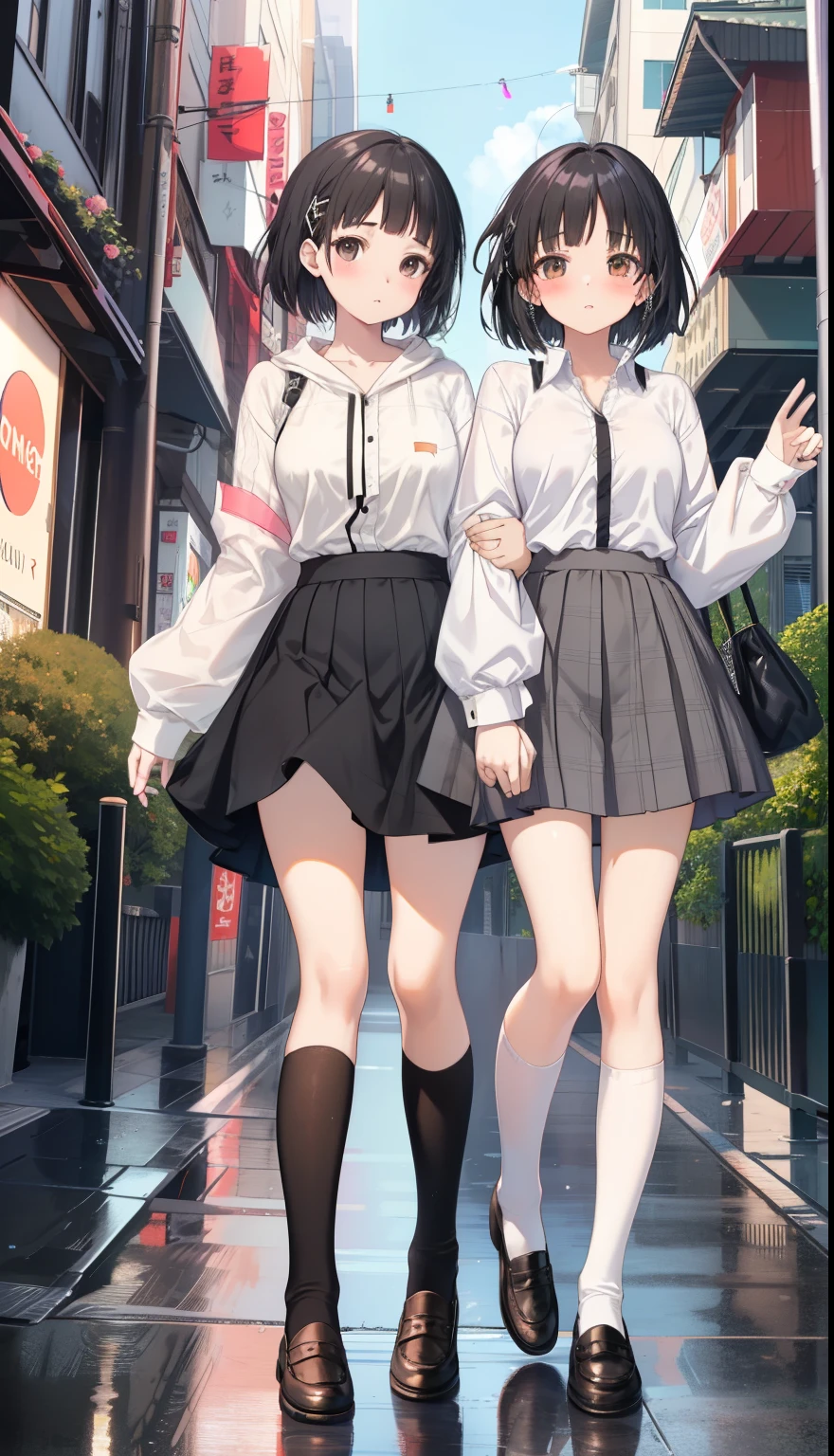 One Girl、positive、Standing posture、Full body portrait、Black Hair、Medium Haircut、blush、Absolute area、Black knee-high socks、Knee-length、stockings、Black Pantyhose、White underwear、shirt、White hoodie、Brown checked mini skirt、Japanese high school students、Summer clothes、Night entertainment district、night、(Very large breasts)、Cleavage、((Lesbians around the world))、masterpiece、(highest quality)、
Panties around the ankles、Black Loafers、Shirt buttons fly off、Unbutton your shirt、Exposing the breasts、Bare your breasts