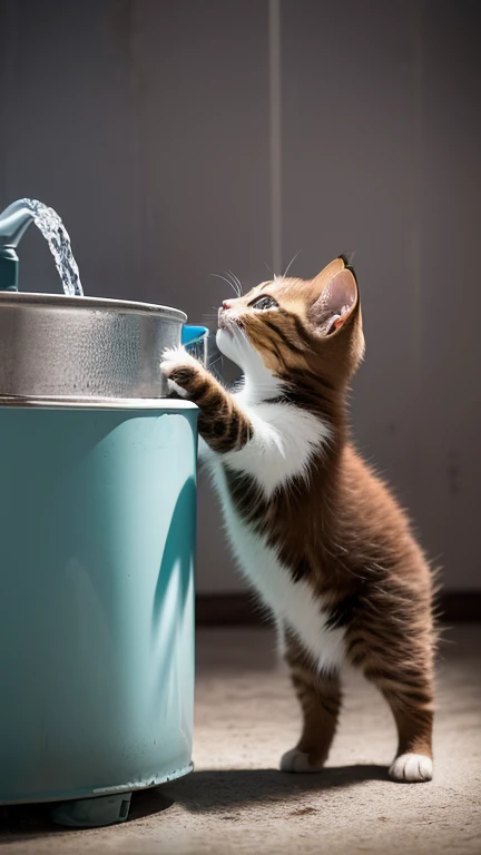 (8k, RAW photo, best quality, masterpiece:1.2), High detail RAW color photo, professional photograph, (realistic, photo realistic:1.37), ((best quality)),A very little pretty cute kitten stands up and puts both hands up and grabs the water tank, puts its mouth to the tank and opens its mouth to drink water,Side view,indoor,