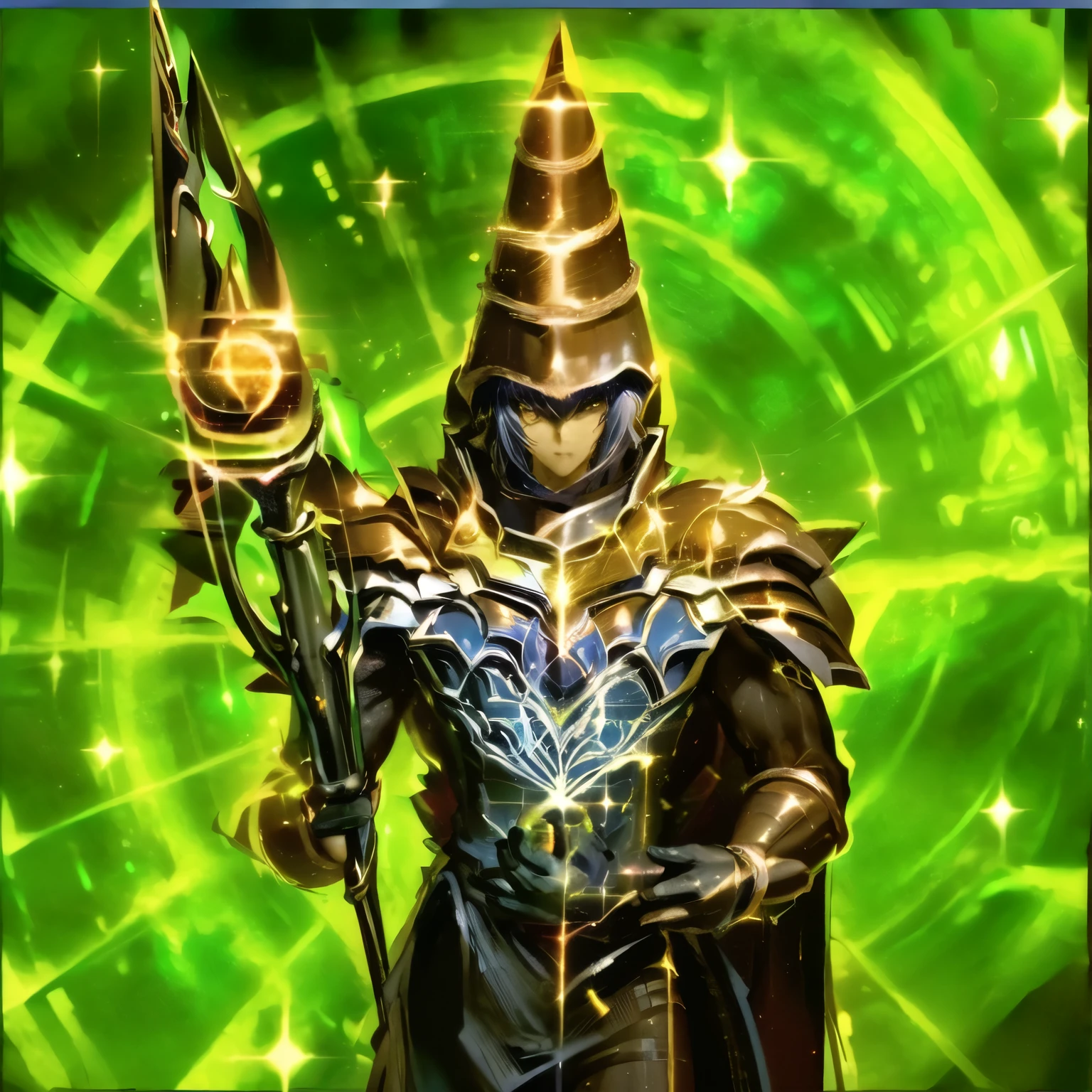un primer plano de una persona disfrazada sosteniendo una lanza, Archimago, an epic majestical degen trader, picture of a male cleric, Holy Paladin, dios legendario sosteniendo lanza, mago masculino, el dios emperador de la humanidad, THOTH, retrato del emperador de la humanidad, paladin golden armor, cleric, aura de poder. detallado, Golden Paladin, ojos abiertos
