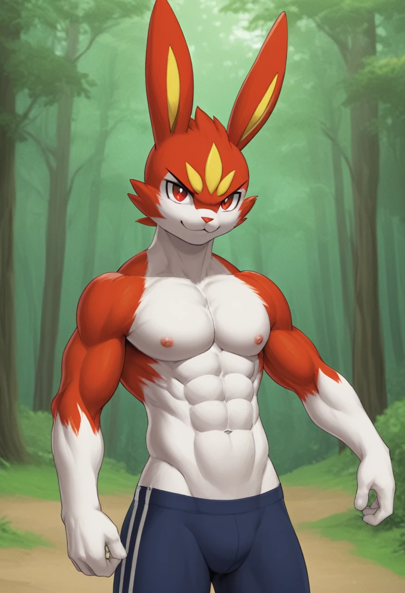 Cinderace from pokemon,cute pokemon,cool pokemon, forest background,abs, skinny muscle,focus eyes,red eyes,furry, anthro rabbit,1 boy,male only,solo