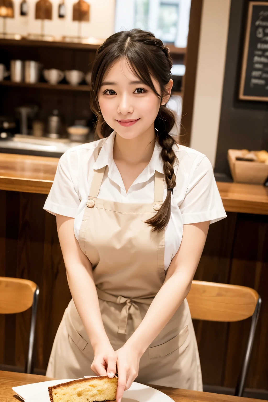 View Viewer,Cinematic Light, Ultra-high resolution, 8K Ultra HD, Film Grain, 28 year old cute and beautiful waitress,Japanese, At the cafe,White apron,Brown shirt,Sunburn,1Book braid, Black Hair,Are standing,Very fine eye, ,smile,Open your mouth,Sparkling brown eyes, Watercolor background, {{{Waitress Suit}}},Cafe table, guest,food,cake,coffee,coffee cups,SFW:1.8,Plump