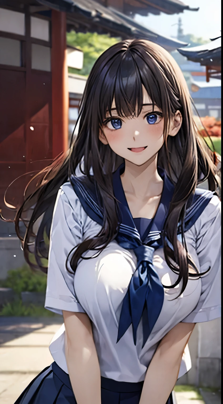 Tabletop、highest quality、Japanese 、High resolution、 Beautiful Japanese Woman、Fine and beautiful eyes、Long Hair、Dynamic depiction of movement、Hair swaying in the wind、Large Breasts、Big and ample breasts、White shirt、Pleated skirt in navy color、Cute Smile、Open your mouth、A town with an ocean view、Summer sunshine、(Droopy Eyes 1.1)
