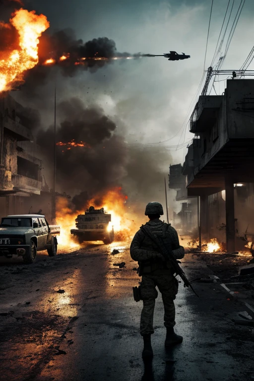 analog gloomy photo of a black (BTR-80, <lora:btr80:1>), racing down a neon city avenue at night, buildings on fire, outrun, explosions in the background, High Detail, Sharp focus, ((photorealism)), realistic, best quality, 8k, award winning, dramatic lighting, epic, cinematic, masterpiece, dutch angle, ambient fog:1.4, volumetric lights,