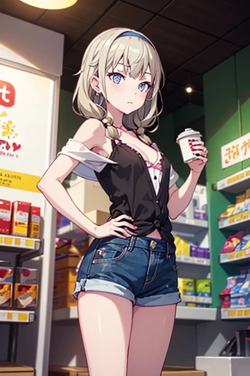 (masterpiece, Best Quality, ultra-detailed, high resolution, extremely detailed CG, official art, Professional Lighting, Perfect Anatomy, anime colors), (from below), looking at viewer, cowboy shot, perfect body, a 24yo beautiful girl, sidelocks, hairband, earrings,medium hips, glamorous body,a small face,beautiful-makeup,Makeup light,dark brown hair, Amazing Cleavage, thin waist, cute ass, Raised sexy, small breast: 1.2 posed cleavage:1.2, (off shoulders,Denimbra,legginullnude), micro denim shorts, bare legs, nail_polish, pale skin, Waiting friend, (morning:1.5), tokyo, (convenience store:1.3), outdoor, (depth of field:1.3), contrapposto, (Hold a coffee in your hand:1.3),delicate beautiful face, Bright blue eyes, cute eyes, sparkling eyes, Big eyes, (perky chest:1.1), (pointed chest:1.3), looking at viewer,