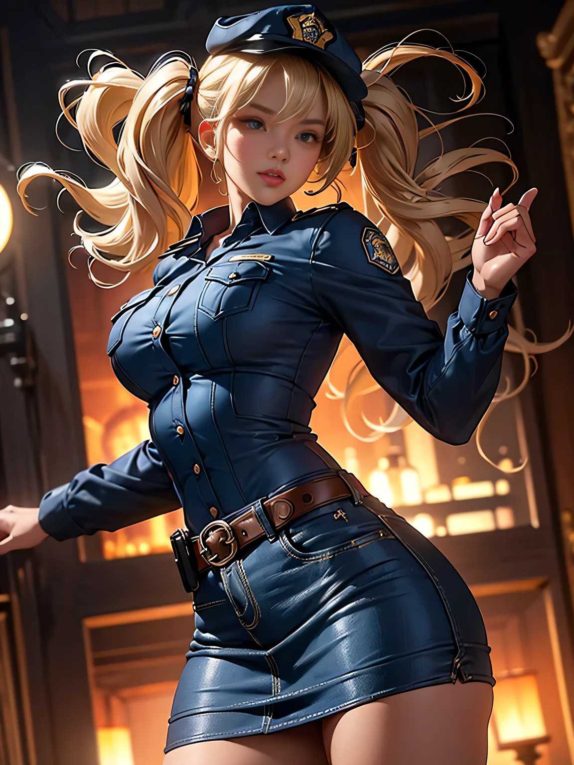 masterpiece, best quality, hyper detailed, good anatomy, perfect anatomy,(cowboy shot,looking at viewer,low angle,:1.35),glamorous body,big breasts,dark skin girl,naughty eyes,(curly_twin tails blonde hair), female police officer's blue uniform,police_cap,((tight mini skirt,large breasts)),road,shiny skin,smirk,skin tight,black high heels, very aesthetic,