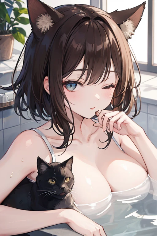 ((highest quality)), ((masterpiece)), (detailed), Perfect face brown hair Wolf Cut Soaking in the bath with her bangs held up by a band Cat ear She has her eyes closed and looks like she's enjoying it. Her breasts are so big. Red face Completely naked breasts are larger I'm rubbing my breasts