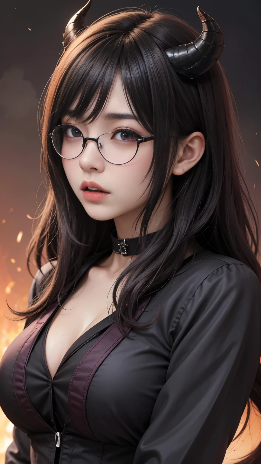 background(Black Night Sky,Big Moon),Close-up of a woman,Wearing a white shirt、((Black-rimmed glasses))、Purple Hair,Very long hair,very thick braids,Purple eyes,big , realistic girl rendering, 8k artistic german bokeh, Enchanting girl, Realistic girl, Gurwitz, Gurwitz-style artwork, Girl Roleplay, Realistic 3D style, cgstation Popular Topics,, 8K Portrait Rendering,(truth,truth:1.4),Wear pink pajamas,巨big ,Sparkling eyes,Purple eyes、(highest quality,4K,8k,High resolution,masterpiece:1.2),Very detailed,(Realistic,photoRealistic,photo-Realistic:1.37),Mythical monster,Beast-like creature,Muscular,Six big legs,Stand like a gorilla,Red fur covering the body,two big horns,Drill teeth,Sharp Claws,Huge shape,Burning Fire Magic,Energy aura,A threatening presence,Glowing Eyes,Intimidating posture,Dark Environment,Smoke-filled air,Ominous Shadow,Majestic and fierce,Explosive power,Vibrant colors,bold,Horror art style,moving composition,Dramatic lighting,rib layer,large sharp teeth,Sharp Edges,Very detailedスケール,Burning Crack,Burning Flames,Furious expression,Burning with anger,Surrounded by sparks and embers
