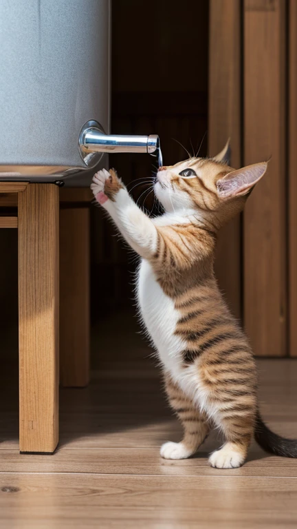 (8k, RAW photo, best quality, masterpiece:1.2), High detail RAW color photo, professional photograph, (realistic, photo realistic:1.37), ((best quality)),A very little pretty cute kitten stands up and puts both hands up and grabs the water tank, puts its mouth to the tank and opens its mouth to drink water,Side view,indoor,