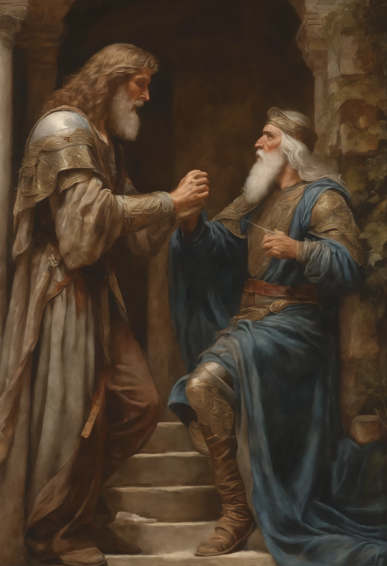 Watercolor,hyperrealism,close-up view of the dispute between the lord of hell and his servant,а young tall strong darklonghair man,Joachim frost,the owner of the underground palaces threatens to destroy the daredevil for,that he tried to bring his eternal captives out of hell,but he laughs,managed to spread the straws,hyper detail,medieval professionally,filigree,pearl stitches of time,cherry ringing,memory spirals,breath of life,fractals of illusions,Dreamcatchers,asymmetry,in move, detailed meticulous drawing,mysticism,shine,overflow
