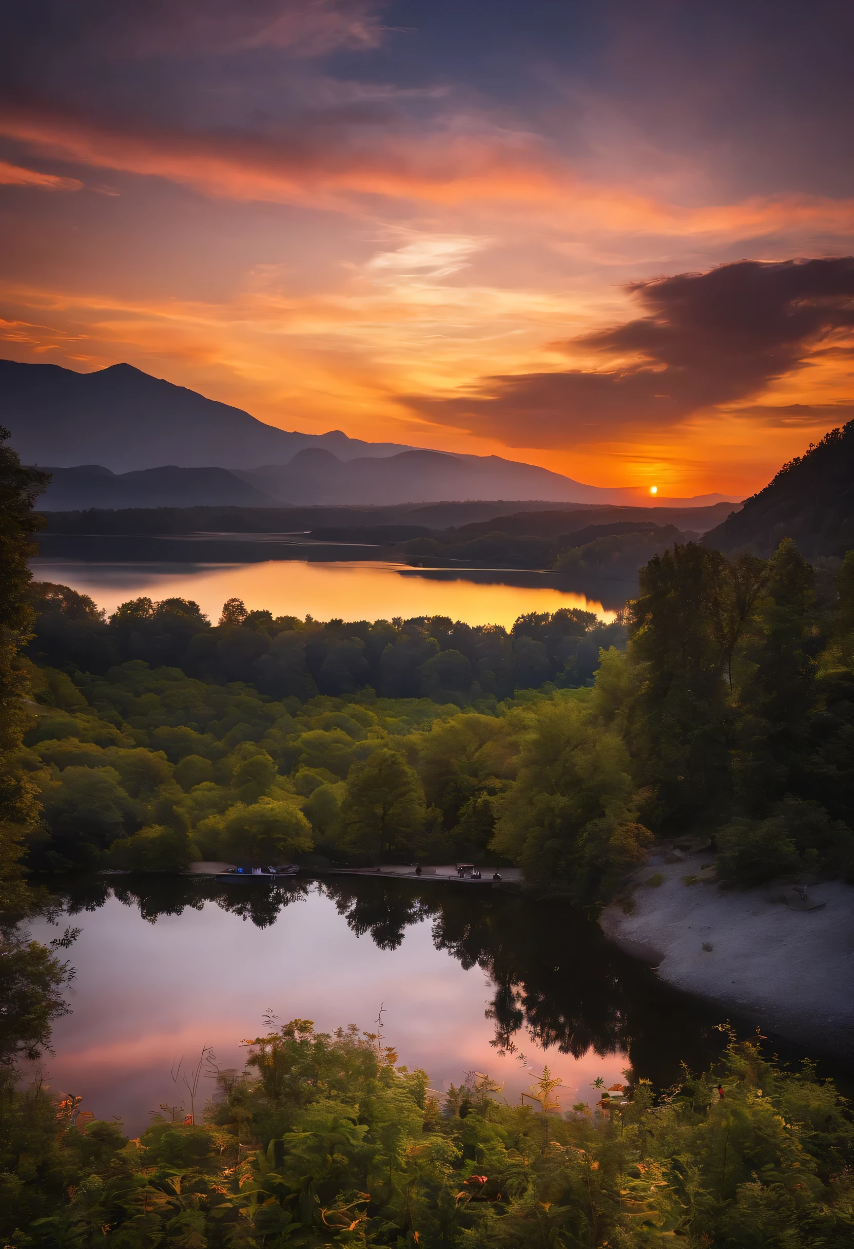 Sunset sky、Impossibly big moon、lake、mont、Fantastical、Best Quality、Masterpiece