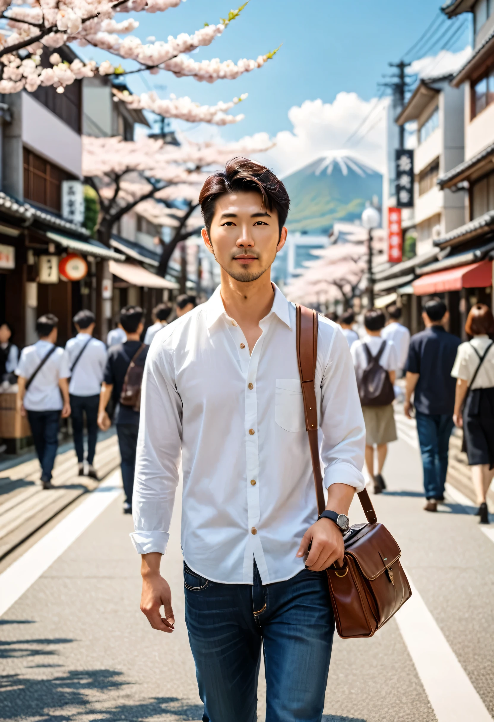 Photorealistic image of a Japanese man in his early 30s, with short black hair and wearing a casual white shirt and jeans, walking down a bustling street in Hiroshima. The background features iconic landmarks like the Atomic Bomb Dome and modern city elements such as shops, street vendors, and pedestrians. The man is carrying a brown leather messenger bag, and cherry blossoms are visible in the trees lining the street. The scene is captured in bright daylight, with clear skies and a vibrant atmosphere, reflecting the blend of historical significance and contemporary life in Hiroshima.