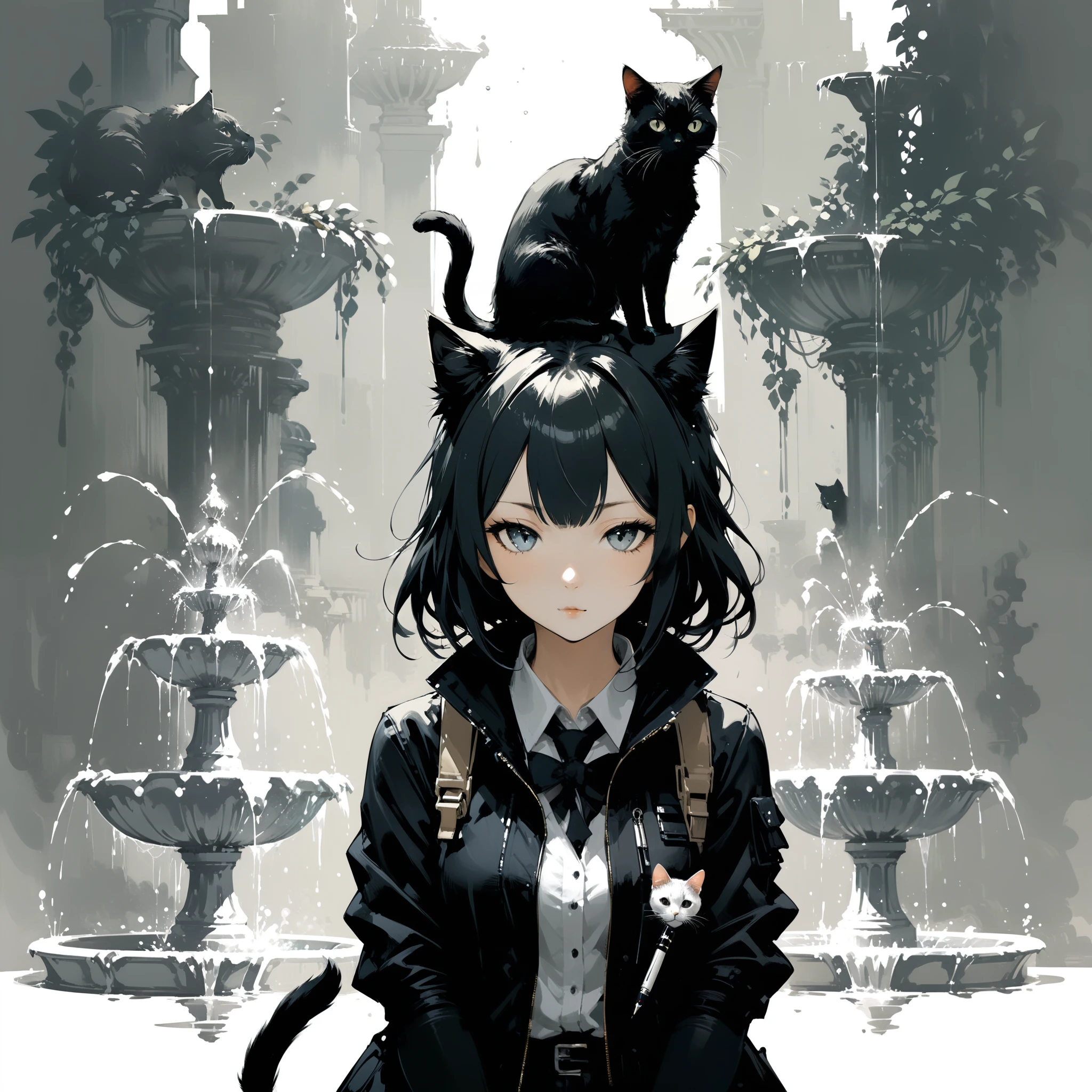 in style of Ashley Wood, 1girl,cat,front view,Fountain Pen stroke style,