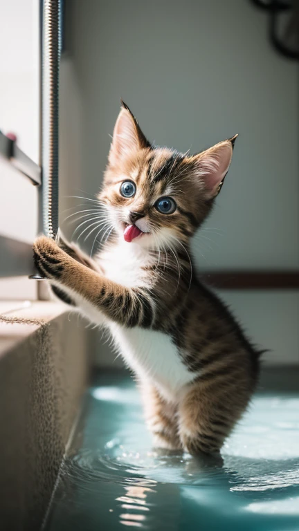 (8k, RAW photo, best quality, masterpiece:1.2), High detail RAW color photo, professional photograph, (realistic, photo realistic:1.37), ((best quality)),A very little pretty cute kitten stands up and puts both hands up and grabs the water tank, puts its mouth to the tank and opens its mouth to drink water,Side view,indoor,