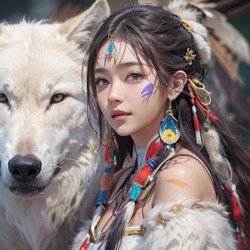 Shirakami-Sanchi、Hair flow、 ((highest quality、masterpiece、8k、Best image quality、Ultra-high resolution、Award-winning works)、(Accurate anatomy:1.1)、(Look at me and smile:1.1)、Shining fair skin with Ultra-high resolution、The most detailed face、Ultra-high resolution detailed face、Ultra-high resolutionの髪の毛、(Ultra-high resolutionの煌めく瞳:1.1)、Beautiful face drawn in every detail、(Blurred Background:1.1)、Native American white costume, American Indian Clothing, Chest to chest, tattoo、A real giant condor next to you。Observing a white wolf