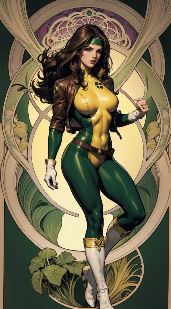 (masterpiece:1.0), (best_quality:1.2), Classic Rogue, 1991 Rogue X-Men, 1 girl, Only 1, full body view, medium length hair, brown hair, wavy hair, messy hair, one lock of white hair, green eyes, mischievous look, smirking, fit figure, curvy figure, medium breasts, lipstick, makeup, jacket, green headband, belt, yellow gloves, skin tight bodysuit, open jacket, light source from above, (realism: 1.5), (Realistic: 1.4), (Absurdity:1.4), 8k, ultra-detailed, Detailed Beautiful Woman, (Art Nouveau style), influence by John William Waterhouse and Alphons Mucha, circles, banners, background colors: green, gold, yellow, white, beige