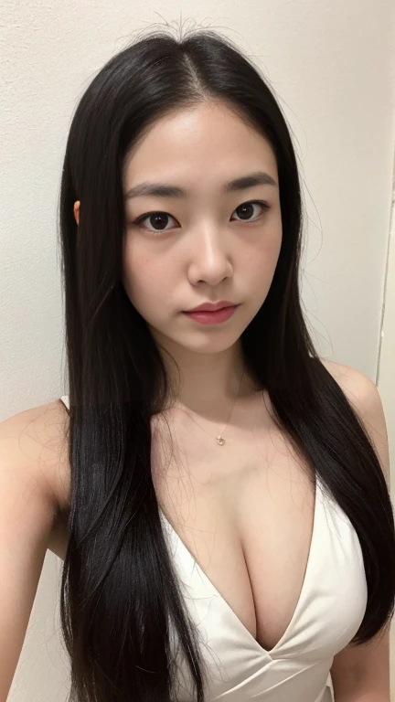 highest quality,masterpiece,Ultra-high resolution,(Realistic:1.4),Beautiful lighting, (Highly detailed CG Unity 8k wallpaper), Beautiful face in every detail,Detailed clothing, 50mm portrait photography, No background、One Girl,Big black eyes, cute, young, stop temporarily, Facial Lighting, Physically Based Rendering,Written boundary depth , Black Hair, Medium Hair, ((Take from above)), Japanese women、20-year-old、dress、(Big Breasts)、(Upper Body)、Young and beautiful woman taking a selfie, Taken with iPhone camera、In front of a white wall
