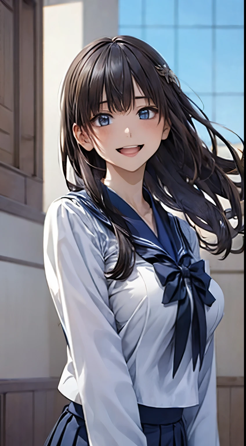 Tabletop、highest quality、Japanese 、High resolution、 Beautiful Japanese Woman、Fine and beautiful eyes、Long Hair、Dynamic depiction of movement、Hair swaying in the wind、Large Breasts、Big and ample breasts、White shirt、Pleated skirt in navy color、Cute Smile、Open your mouth、Road with a view of the sea、Summer sunshine、(Droopy Eyes 1.1)