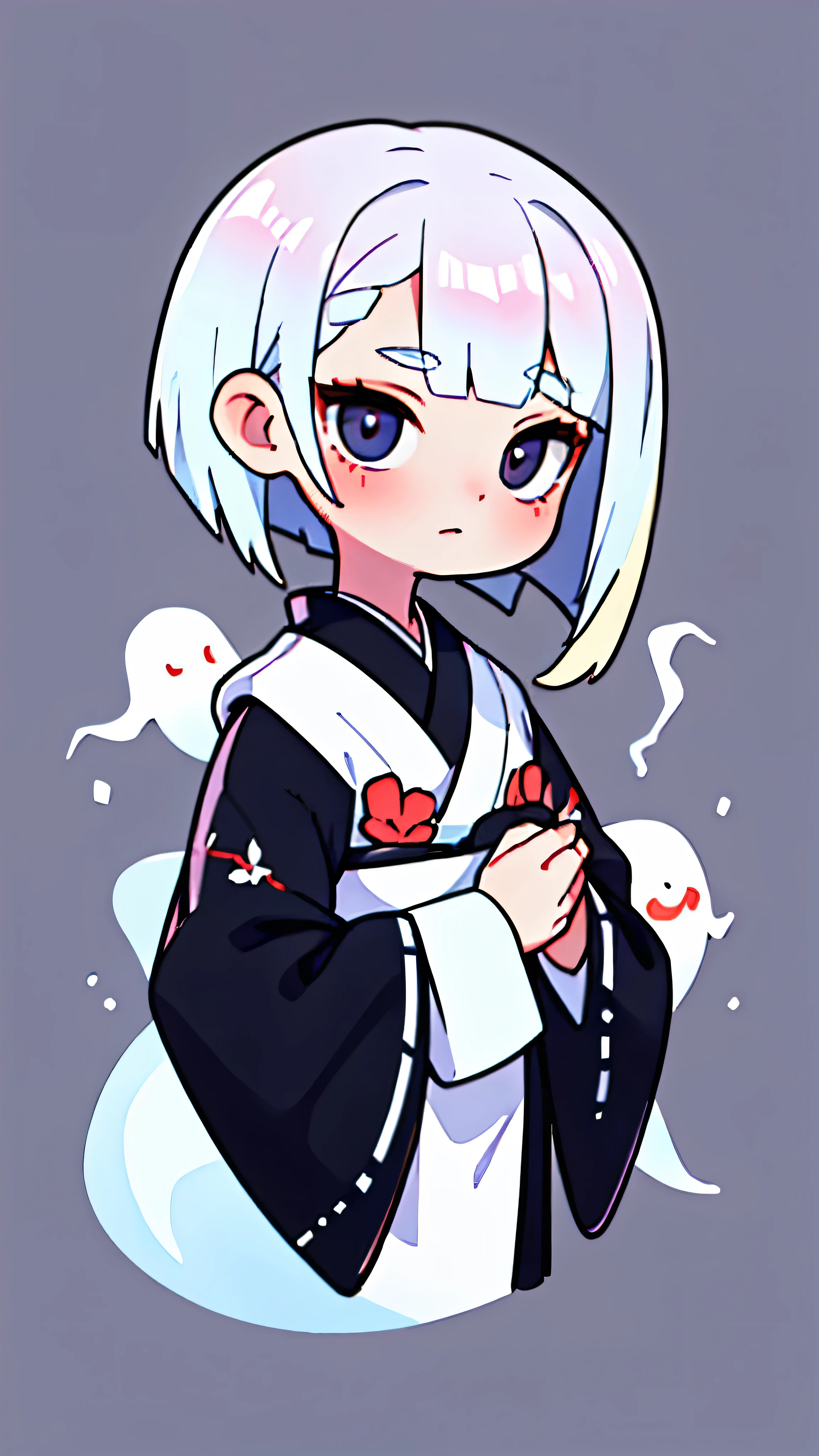 (((Ghost pose))),Hi quality,whole body,Mourning clothes,ghost, 1 girl, alone, kimono, black eye, kimono, Looking at the audience, bangs, short hair, Bobcut, Portraiture, No background,Background white
