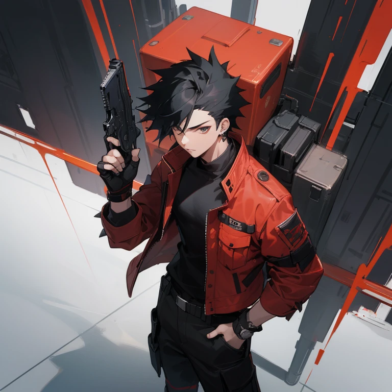 ((highest quality)), ((masterpiece)), (be familiar with), 1 male, alone, Black Hair,Spiky Hair,Black Cargo Pants,Red jacket,Black Shirt,Large,Fingerless Gloves, cyber punk,SF,Handgun